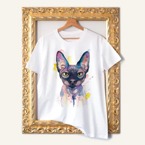 Sphynx Cat watercolor painting printed on a white cotton T-shirt by Slaveika Aladjova