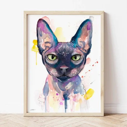 Sphynx Cat watercolor painting the artwork on the T-shirt by Slaveika Aladjova