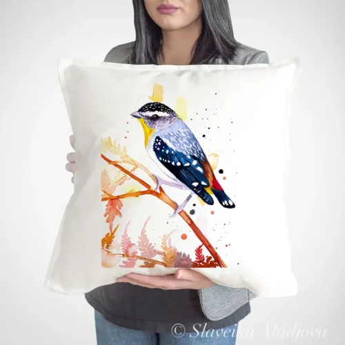 Spotted Pardalote Art Pillow Cover, Watercolor Cushion 50 × 50 cm Spotted Pardalote watercolor painting printed on a 50 x 50 cm cotton art pillow cover by Slaveika Aladjova