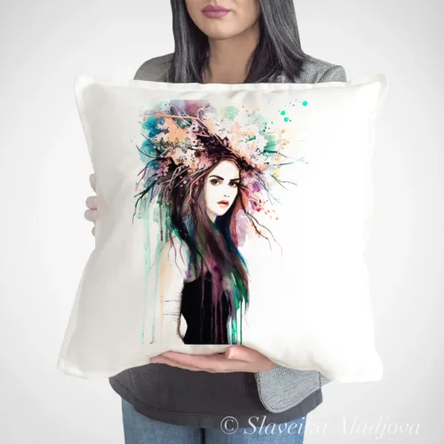 Spring Girl Art Pillow Cover, Watercolor Cushion 50 × 50 cm Spring Girl watercolor painting printed on a 50 x 50 cm cotton art pillow cover by Slaveika Aladjova