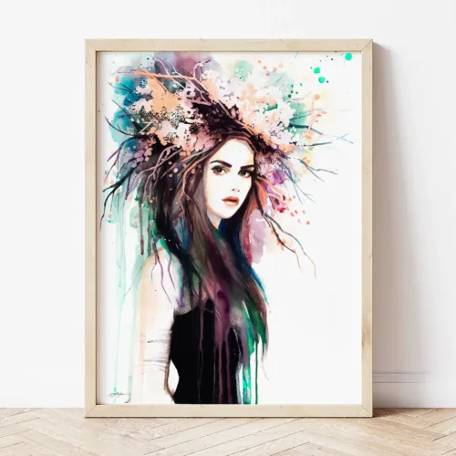 Spring Girl watercolor painting the artwork on the T-shirt by Slaveika Aladjova