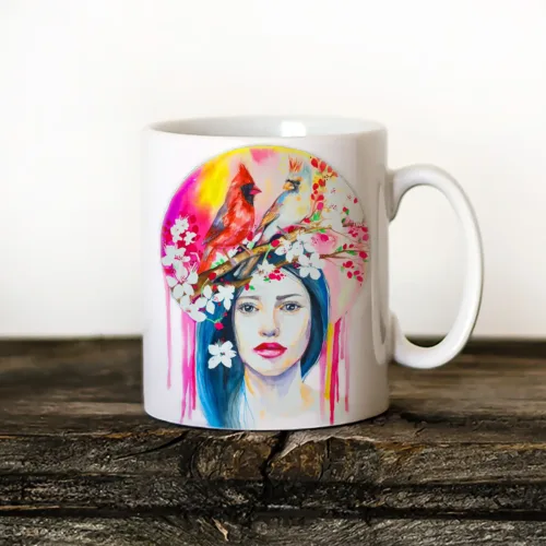 Spring Woman with Cardinals and Blossom Art Mug, Watercolor Ceramic Mug 11 oz Spring Woman with Cardinals and Blossom watercolor painting printed on an 11 oz ceramic art mug by Slaveika Aladjova