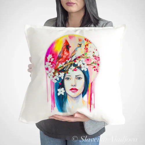 Spring Woman with Cardinals and Blossom Art Pillow Cover, Watercolor Cushion 50 × 50 cm Spring Woman with Cardinals and Blossom watercolor painting printed on a 50 x 50 cm cotton art pillow cover by Slaveika Aladjova