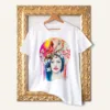 Spring Woman with Cardinals and Blossom watercolor painting printed on a white cotton T-shirt by Slaveika Aladjova