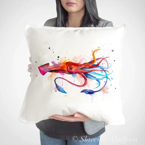 Squid Art Pillow Cover, Watercolor Cushion 50 × 50 cm Squid watercolor painting printed on a 50 x 50 cm cotton art pillow cover by Slaveika Aladjova