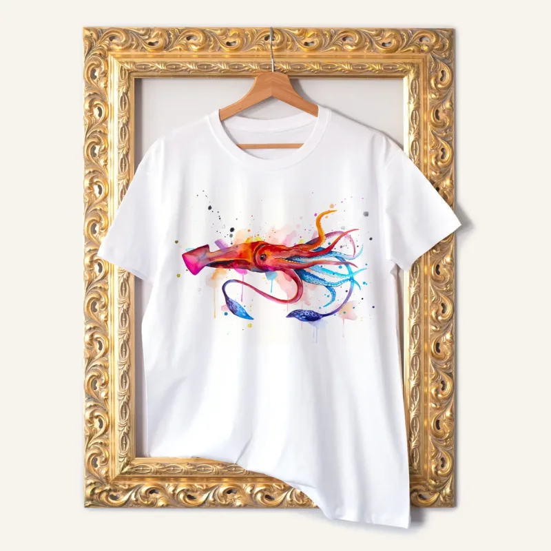 Squid watercolor painting printed on a white cotton T-shirt by Slaveika Aladjova