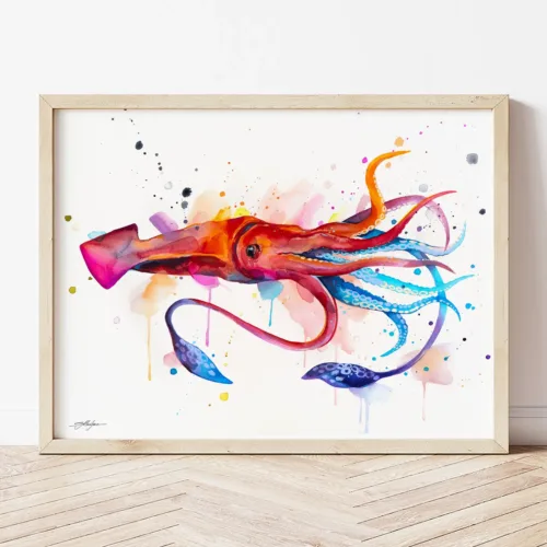 Squid watercolor painting the artwork on the T-shirt by Slaveika Aladjova