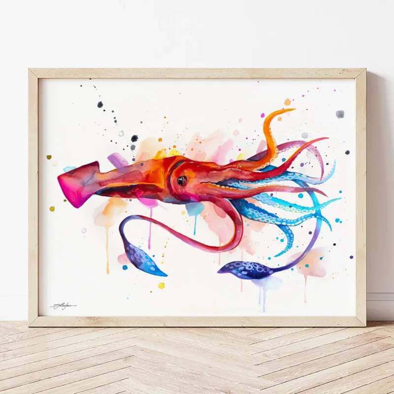 Squid watercolor painting the artwork on the T-shirt by Slaveika Aladjova