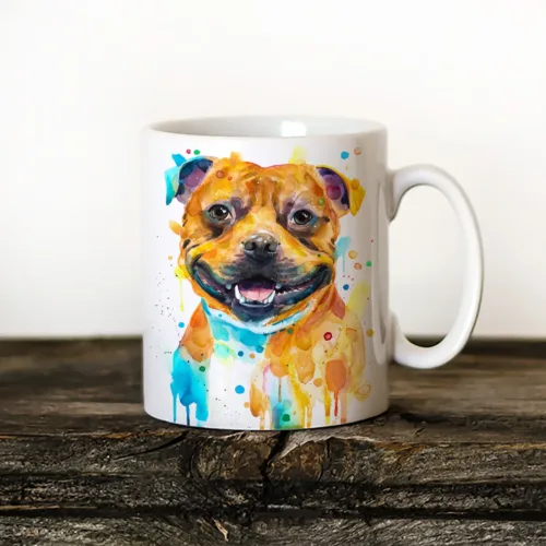Staffordshire Bull Terrier Art Mug, Watercolor Ceramic Mug 11 oz Staffordshire Bull Terrier watercolor painting printed on an 11 oz ceramic art mug by Slaveika Aladjova