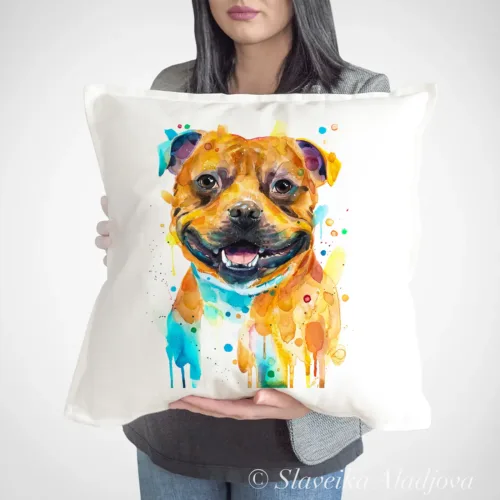 Staffordshire Bull Terrier Art Pillow Cover, Watercolor Cushion 50 × 50 cm Staffordshire Bull Terrier watercolor painting printed on a 50 x 50 cm cotton art pillow cover by Slaveika Aladjova