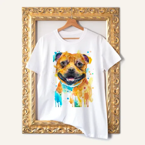 Staffordshire Bull Terrier T-Shirt, Watercolor Art Tee Staffordshire Bull Terrier watercolor painting printed on a white cotton T-shirt by Slaveika Aladjova