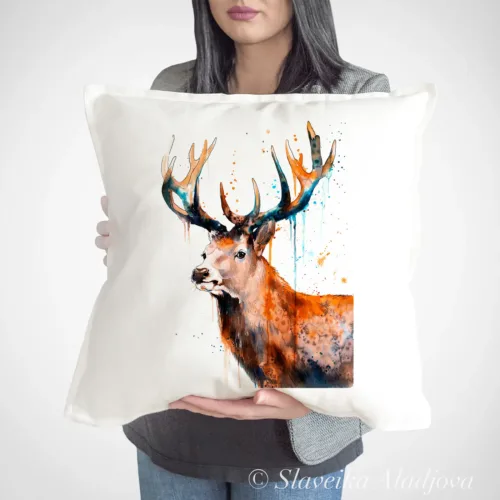 Stag Art Pillow Cover, Watercolor Cushion 50 × 50 cm Stag watercolor painting printed on a 50 x 50 cm cotton art pillow cover by Slaveika Aladjova
