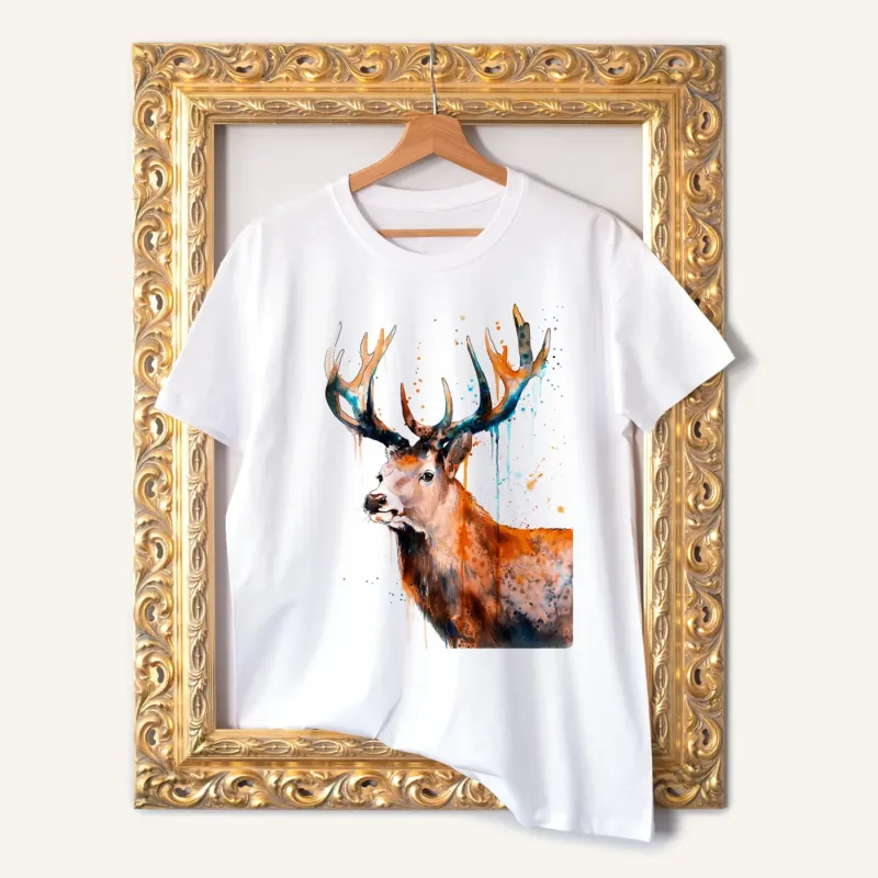 Stag watercolor painting printed on a white cotton T-shirt by Slaveika Aladjova
