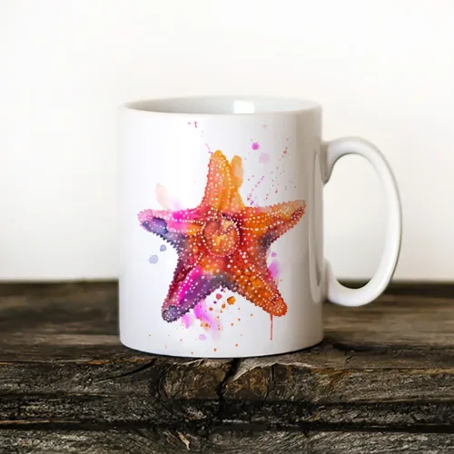 Starfish watercolor painting printed on an 11 oz ceramic art mug by Slaveika Aladjova