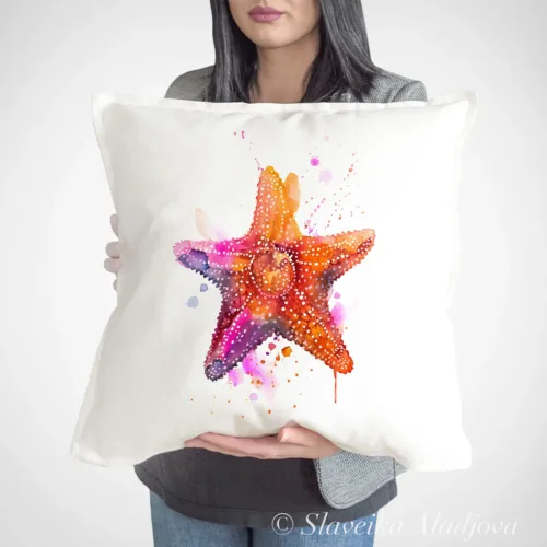 Starfish Art Pillow Cover, Watercolor Cushion 50 × 50 cm Starfish watercolor painting printed on a 50 x 50 cm cotton art pillow cover by Slaveika Aladjova