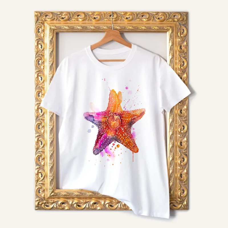 Starfish watercolor painting printed on a white cotton T-shirt by Slaveika Aladjova