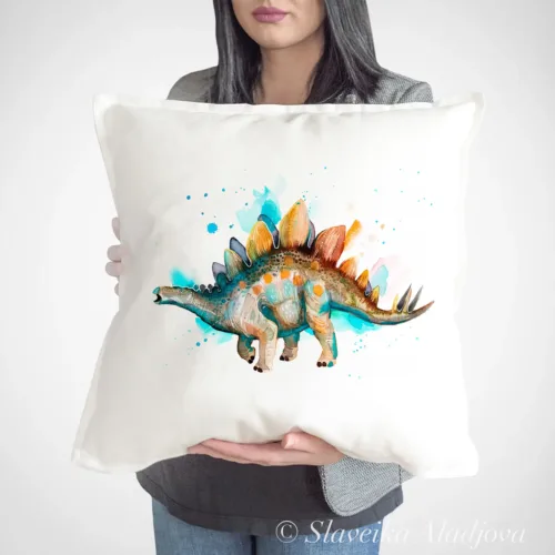 Stegosaurus Art Pillow Cover, Watercolor Cushion 50 × 50 cm Stegosaurus watercolor painting printed on a 50 x 50 cm cotton art pillow cover by Slaveika Aladjova
