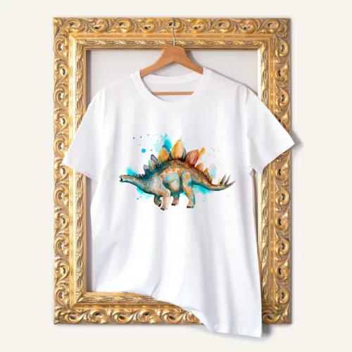 Stegosaurus T-Shirt, Watercolor Art Tee Stegosaurus watercolor painting printed on a white cotton T-shirt by Slaveika Aladjova