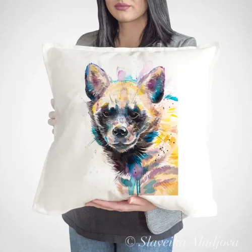 Striped Hyena Art Pillow Cover, Watercolor Cushion 50 × 50 cm Striped Hyena watercolor painting printed on a 50 x 50 cm cotton art pillow cover by Slaveika Aladjova