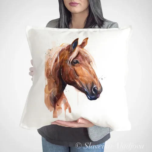 Suffolk Punch Horse Art Pillow Cover, Watercolor Cushion 50 × 50 cm Suffolk Punch Horse watercolor painting printed on a 50 x 50 cm cotton art pillow cover by Slaveika Aladjova