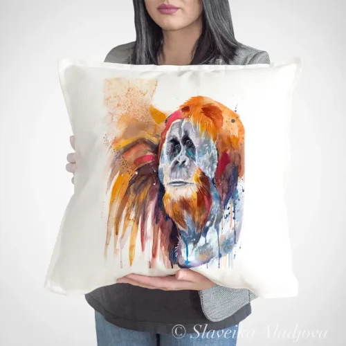 Sumatran Orangutan Art Pillow Cover, Watercolor Cushion 50 × 50 cm Sumatran Orangutan watercolor painting printed on a 50 x 50 cm cotton art pillow cover by Slaveika Aladjova