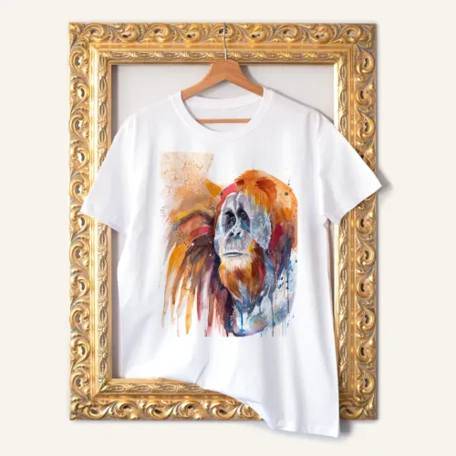 Sumatran Orangutan T-Shirt, Watercolor Art Tee Sumatran Orangutan watercolor painting printed on a white cotton T-shirt by Slaveika Aladjova