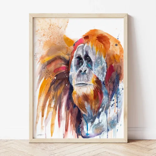 Sumatran Orangutan watercolor painting the artwork on the T-shirt by Slaveika Aladjova