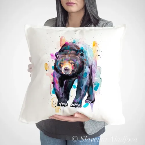 Sun Bear Art Pillow Cover, Watercolor Cushion 50 × 50 cm Sun Bear watercolor painting printed on a 50 x 50 cm cotton art pillow cover by Slaveika Aladjova