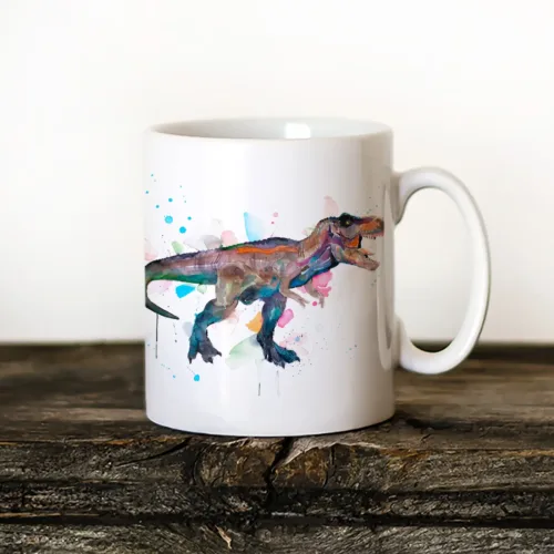 T-Rex Art Mug, Watercolor Ceramic Mug 11 oz T-Rex watercolor painting printed on an 11 oz ceramic art mug by Slaveika Aladjova