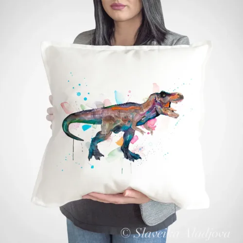 T-Rex Art Pillow Cover, Watercolor Cushion 50 × 50 cm T-Rex watercolor painting printed on a 50 x 50 cm cotton art pillow cover by Slaveika Aladjova
