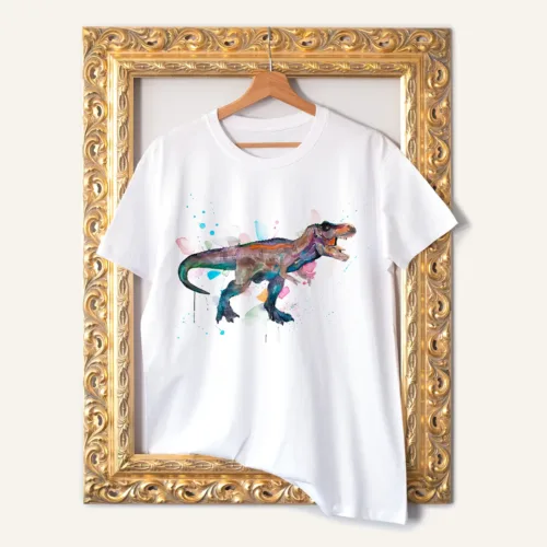 T-Rex T-Shirt, Watercolor Art Tee T-Rex watercolor painting printed on a white cotton T-shirt by Slaveika Aladjova
