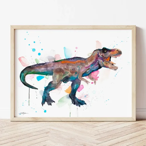 T-Rex watercolor painting the artwork on the T-shirt by Slaveika Aladjova