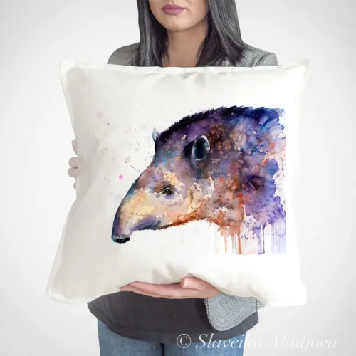 Tapir Art Pillow Cover, Watercolor Cushion 50 × 50 cm Tapir watercolor painting printed on a 50 x 50 cm cotton art pillow cover by Slaveika Aladjova
