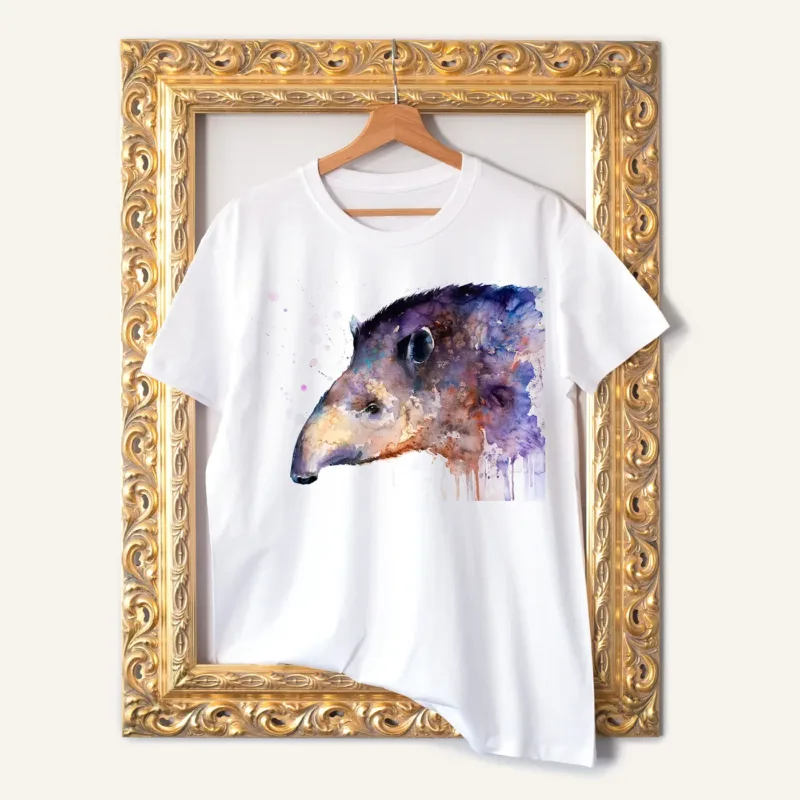 Tapir watercolor painting printed on a white cotton T-shirt by Slaveika Aladjova