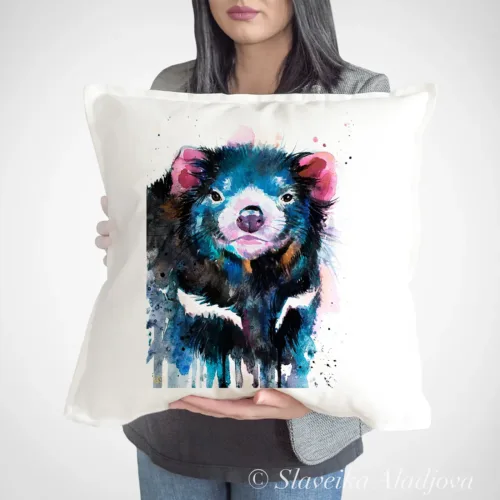 Tasmanian Devil Art Pillow Cover, Watercolor Cushion 50 × 50 cm Tasmanian Devil watercolor painting printed on a 50 x 50 cm cotton art pillow cover by Slaveika Aladjova