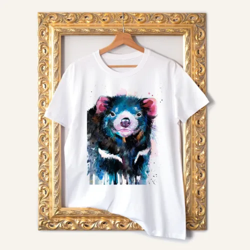 Tasmanian Devil watercolor painting printed on a white cotton T-shirt by Slaveika Aladjova