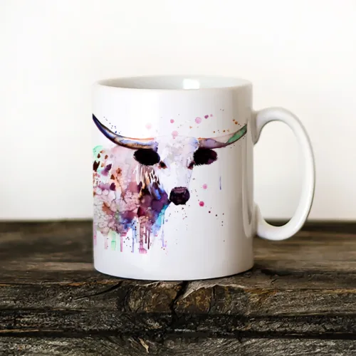 Texas Longhorn Art Mug, Watercolor Ceramic Mug 11 oz Texas Longhorn watercolor painting printed on an 11 oz ceramic art mug by Slaveika Aladjova