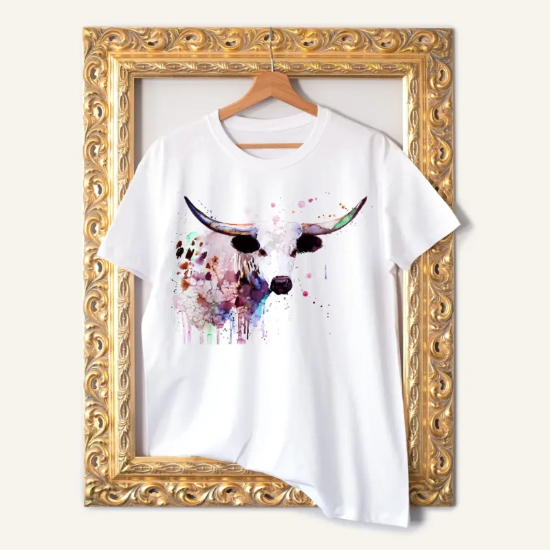 Texas Longhorn watercolor painting printed on a white cotton T-shirt by Slaveika Aladjova