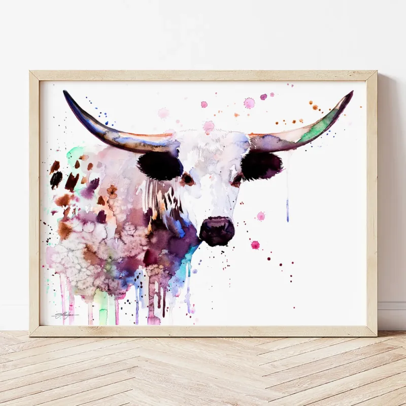 Texas Longhorn watercolor painting the artwork on the T-shirt by Slaveika Aladjova