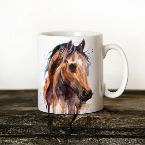 Thoroughbred Horse Art Mug, Watercolor Ceramic Mug 11 oz Thoroughbred Horse watercolor painting printed on an 11 oz ceramic art mug by Slaveika Aladjova