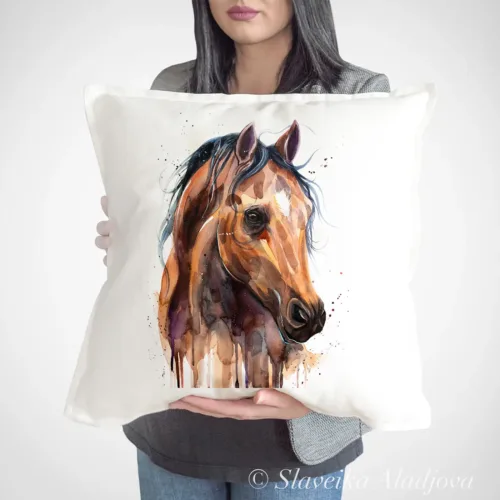 Thoroughbred Horse Art Pillow Cover, Watercolor Cushion 50 × 50 cm Thoroughbred Horse watercolor painting printed on a 50 x 50 cm cotton art pillow cover by Slaveika Aladjova
