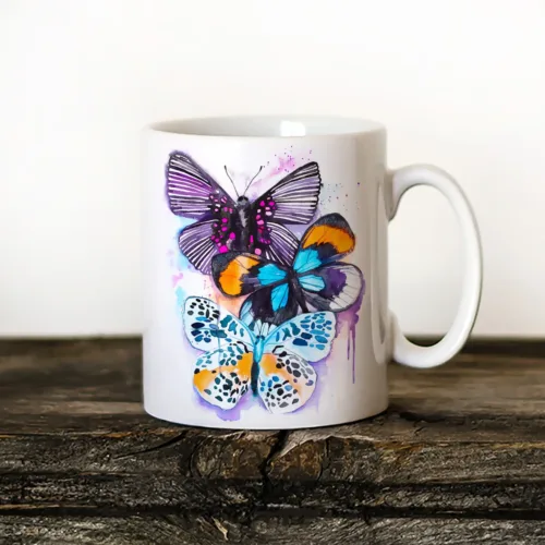 Three Butterflies Art Mug, Watercolor Ceramic Mug 11 oz Three Butterflies watercolor painting printed on an 11 oz ceramic art mug by Slaveika Aladjova