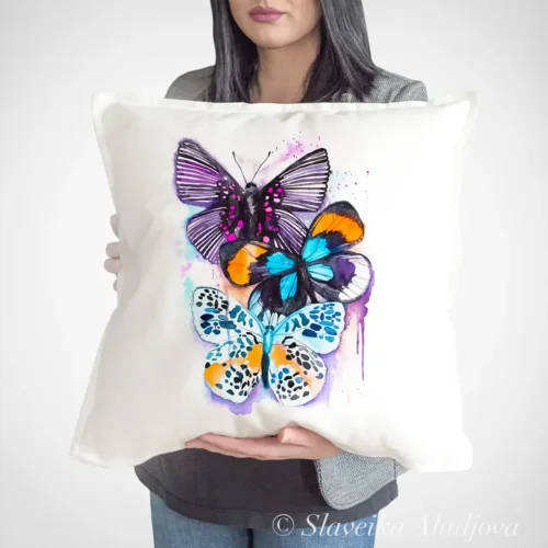 Three Butterflies Art Pillow Cover, Watercolor Cushion 50 × 50 cm Three Butterflies watercolor painting printed on a 50 x 50 cm cotton art pillow cover by Slaveika Aladjova