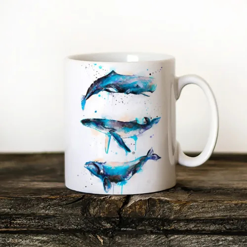 Three Whales Art Mug, Watercolor Ceramic Mug 11 oz Three Whales watercolor painting printed on an 11 oz ceramic art mug by Slaveika Aladjova