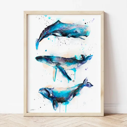 Three Whales watercolor painting the artwork on the T-shirt by Slaveika Aladjova