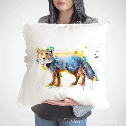 Tibetan Fox Art Pillow Cover, Watercolor Cushion 50 × 50 cm Tibetan Fox watercolor painting printed on a 50 x 50 cm cotton art pillow cover by Slaveika Aladjova