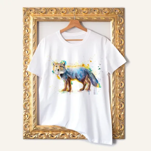Tibetan Fox T-Shirt, Watercolor Art Tee Tibetan Fox watercolor painting printed on a white cotton T-shirt by Slaveika Aladjova