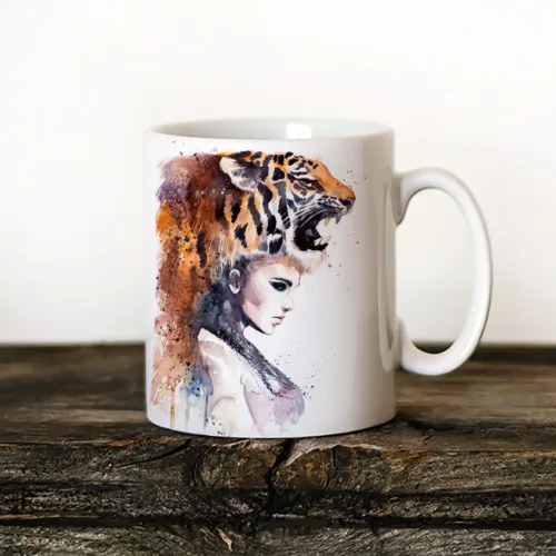 Tiger Girl Art Mug, Watercolor Ceramic Mug 11 oz Tiger Girl watercolor painting printed on an 11 oz ceramic art mug by Slaveika Aladjova