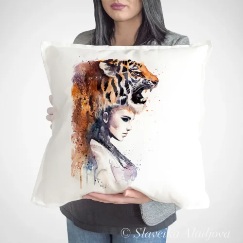 Tiger Girl Art Pillow Cover, Watercolor Cushion 50 × 50 cm Tiger Girl watercolor painting printed on a 50 x 50 cm cotton art pillow cover by Slaveika Aladjova