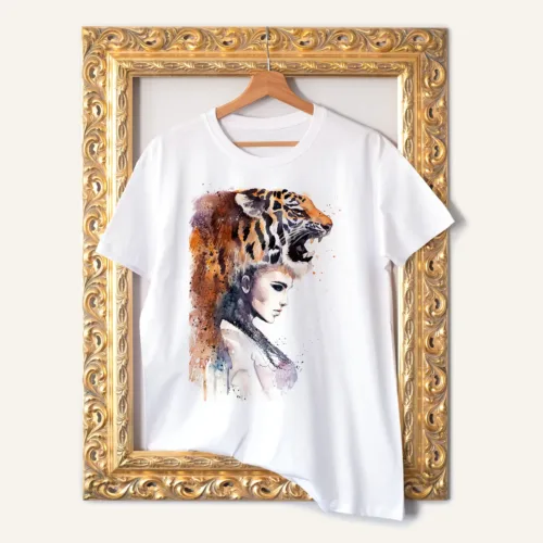 Tiger Girl watercolor painting printed on a white cotton T-shirt by Slaveika Aladjova